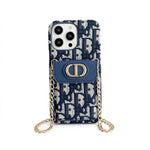 Luxury Phone Case with Chain, Card Slot, and Metal Logo for iPhone 12-17