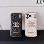 Leather Chanel Phone Case Diamond Logo with Gold Label For iPhone 17/ 16 /15 / 14
