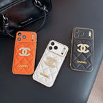 Leather Chanel Phone Case Diamond Logo with Gold Label For iPhone 17/ 16 /15 / 14
