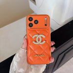 Leather Chanel Phone Case Diamond Logo with Gold Label For iPhone 17/ 16 /15 / 14