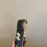 Leather Chanel Phone Case Diamond Logo with Gold Label For iPhone 17/ 16 /15 / 14