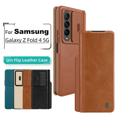 For Samsung Galaxy Z Fold 4 5G Leather Kickstand With S-Pen Pocket Slide Camera Back Cover - theroxymob