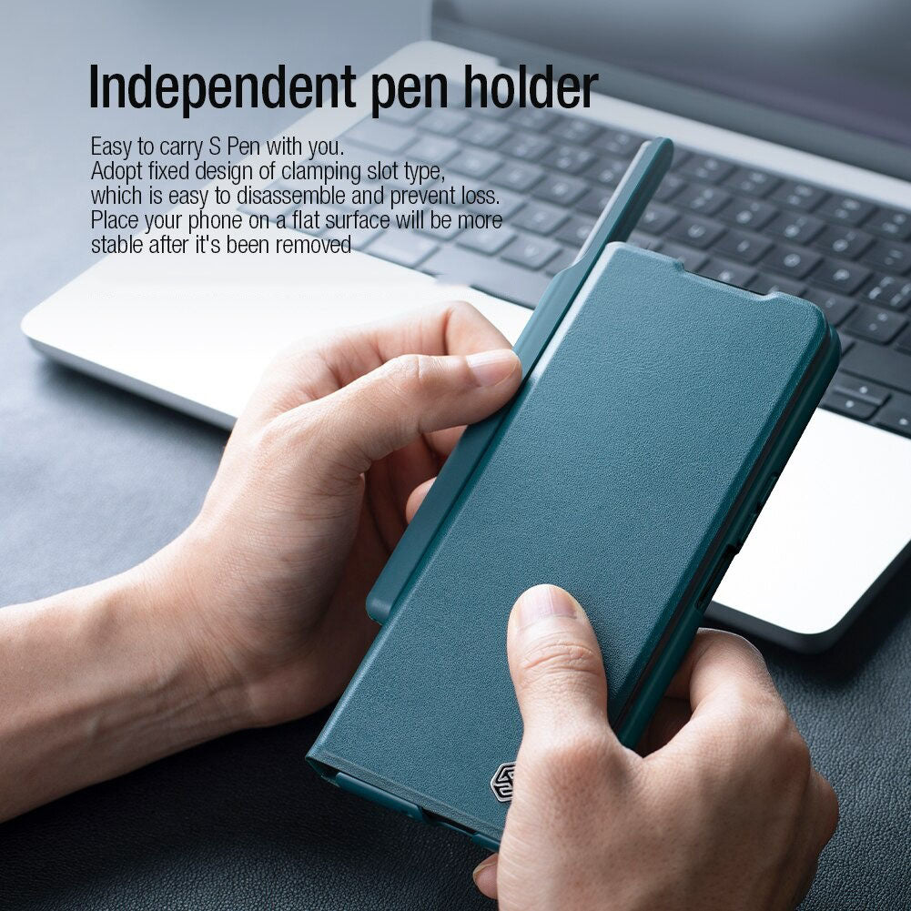 For Samsung Galaxy Z Fold 4 5G Leather Kickstand With S-Pen Pocket Slide Camera Back Cover - theroxymob
