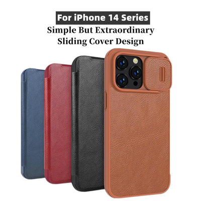 For iPhone 14 Leather Flip Cover Slide Camera Lens Protection Case - theroxymob