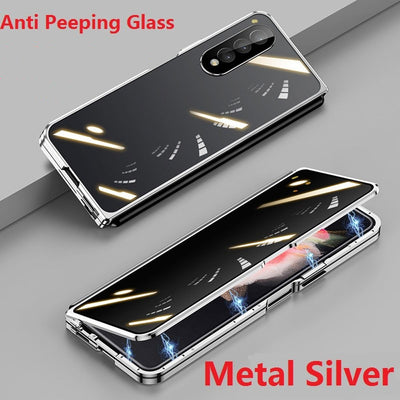 Metal Frame Case Tempered Glass Magnetic Double Sided For Samsung Galaxy Z Fold 4/ Fold 3 - theroxymob