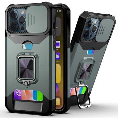 Slide Camera Cover Kickstand Card Wallet Case for iPhone 14 Shockproof Grade Protective Phone Case - theroxymob