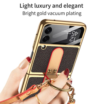 Original Case For Samsung Galaxy Z Flip 4/3 Case Luxury Plating Leather Strap Ring Stand Hard Cover - theroxymob