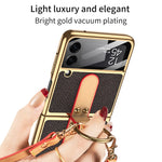 Original Case For Samsung Galaxy Z Flip 4/3 Case Luxury Plating Leather Strap Ring Stand Hard Cover - theroxymob