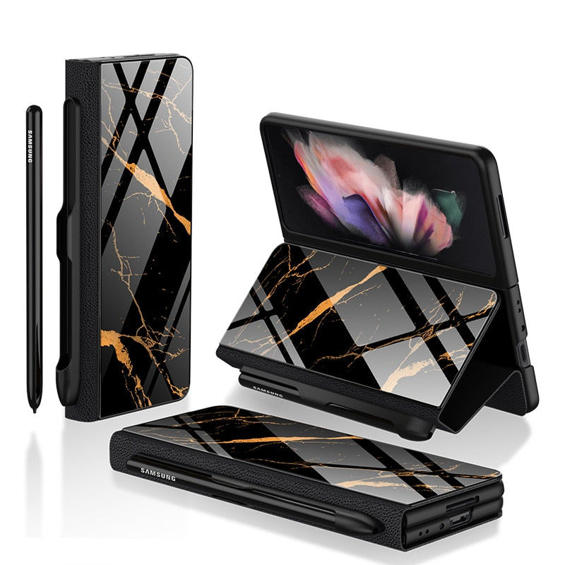 For Galaxy Z Fold 4 Case Holder Slot Leather and Tempered Glass Flip Stand Cover With S Pen - theroxymob