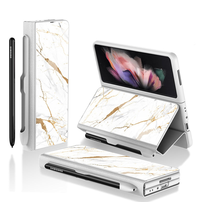 For Galaxy Z Fold 4 Case Holder Slot Leather and Tempered Glass Flip Stand Cover With S Pen - theroxymob