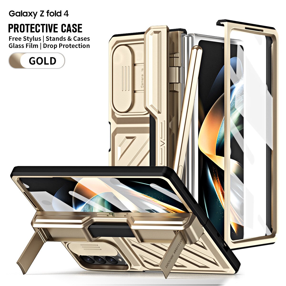 For Samsung Galaxy Z Fold 5/4 Case Gold Steel Hinge Invisible Bracket With Pen Slot Screen Film Cover