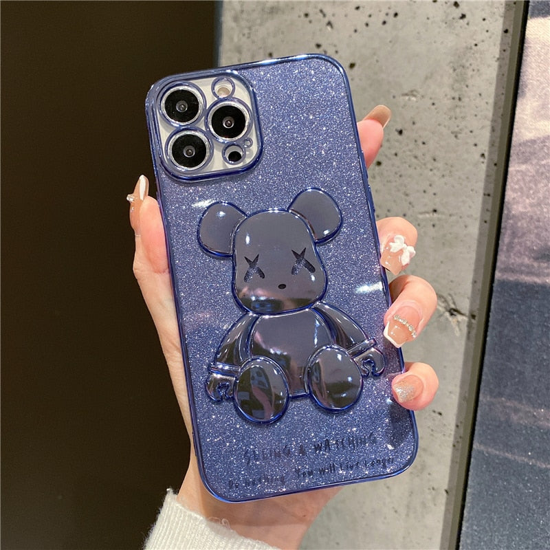 Plating Glitter Bear Phone Case For iPhone 14 13 12 - theroxymob