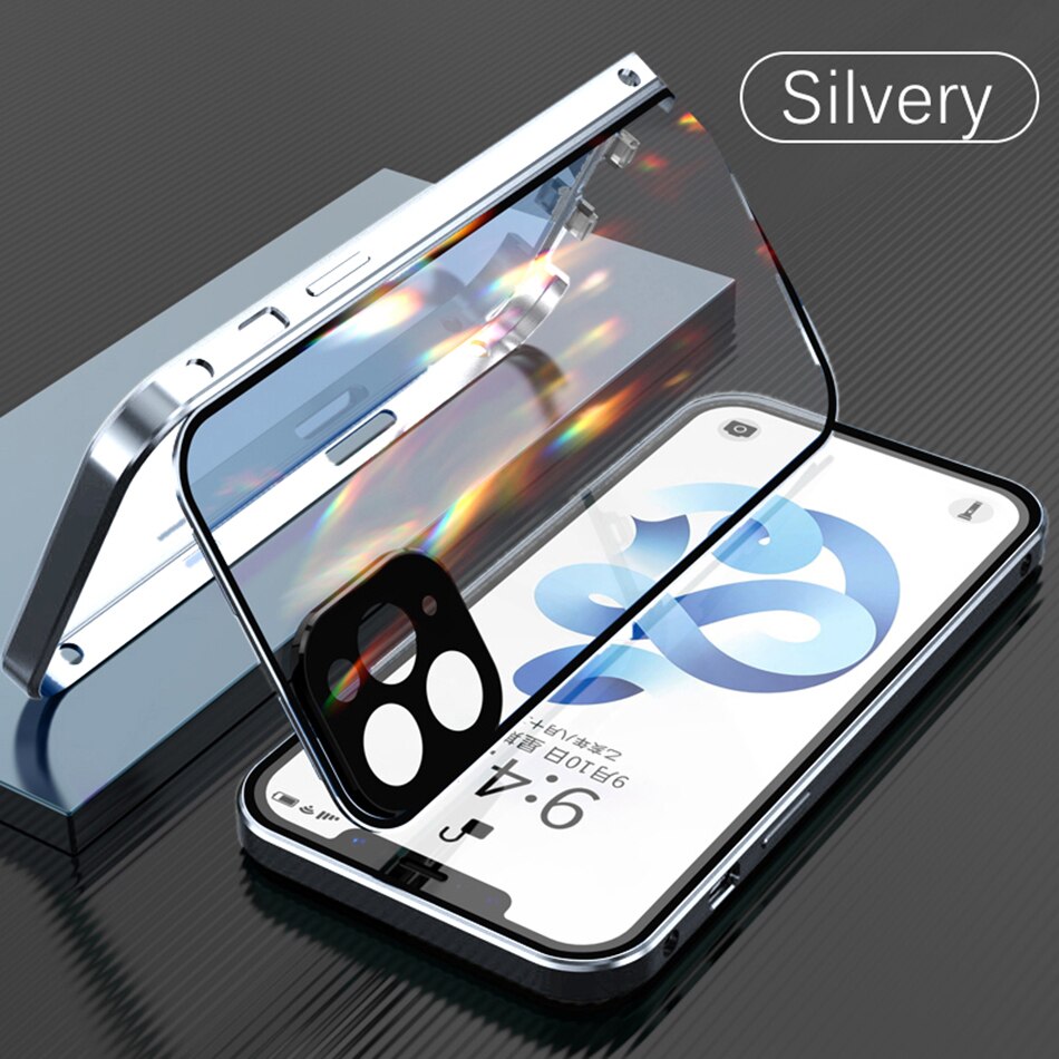 Magnetic Metal Adsorption Case For iPhone 14 Double-sided Glass Lens Protection Snap On Cover - theroxymob