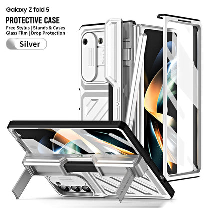 For Samsung Galaxy Z Fold 5/4 Case Gold Steel Hinge Invisible Bracket With Pen Slot Screen Film Cover