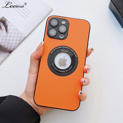 Luxury Leather Logo Hole Case for iPhone 14/13 /12 Glass Camera Film Protection Soft Shockproof Cover - theroxymob