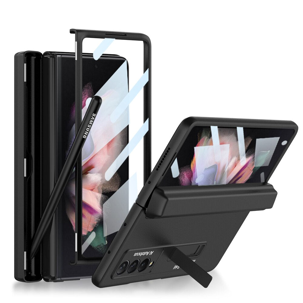 Magnetic Frame Stand All - included Screen Glass Film Case With Hidden S Pen Slot -Case With Pen For Samsung Galaxy Z Fold 4 /3 5G - theroxymob