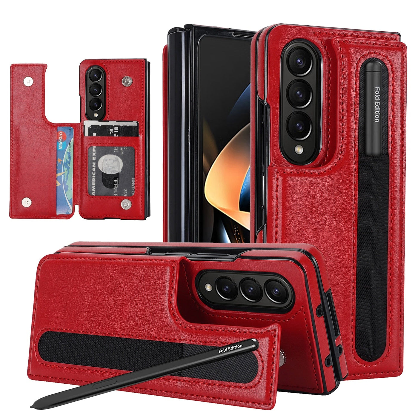 Luxury Retro Leather Phone Case With Cards Slot kickstand Stylus, Stylus Slot For Galaxy Z Fold5/ Z Fold4