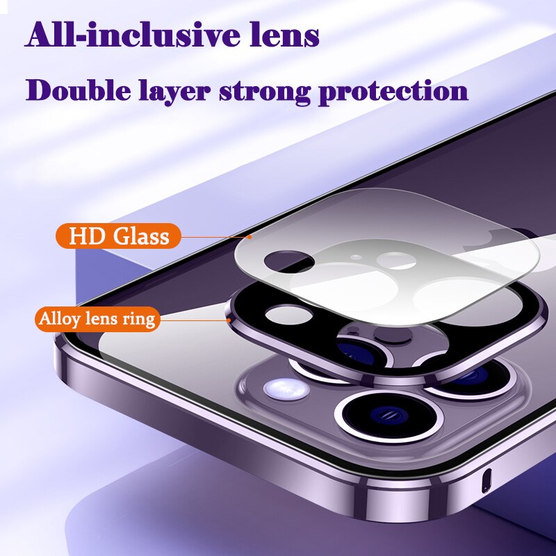 360° Metal Magnetic Adsorption Case For iPhone 14 Cases Original Purple Metal Alloy Frame Double Sided Glass Cover