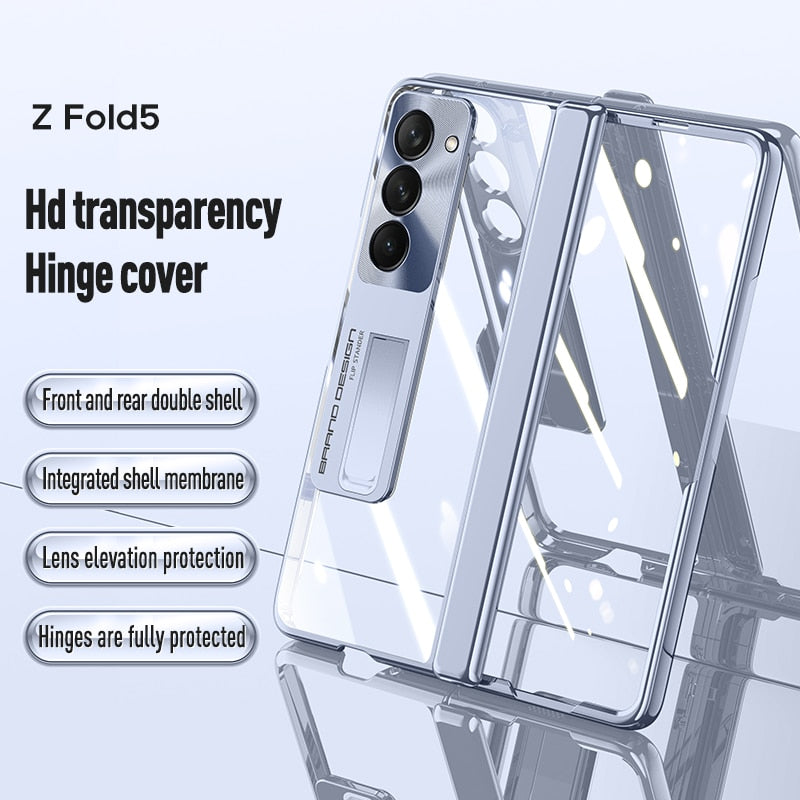Electroplated Transparent Hinge Case For Samsung Galaxy Z Fold5 Shockproof Protective Clear Cover with Bracket Front Film
