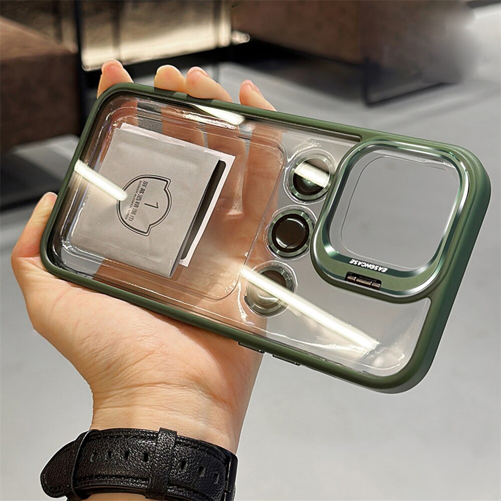 Luxury Invisible Folding Holder Camera  Case For iPhone 14/13 Transparent Metal Bracket Cover