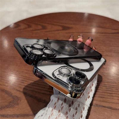 Luxury Plating Frameless Transparent Phone Case For iPhone 14 /13 /12 Magnetic Wireless Charging Glass Lens Cover