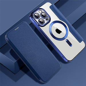 For iPhone 14 13 12 Genuine Leather Wallet For Magsafe Magnetic Case Wireless Charging Plating Clear Cover
