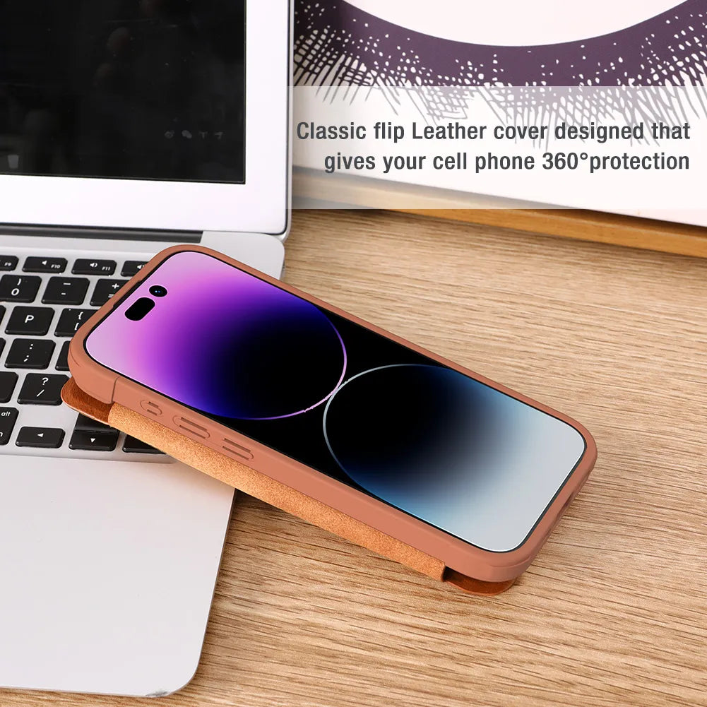 For iPhone 15 Leather Case Card Pocket  Lens Protection camera Flip Cover