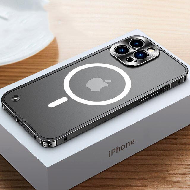 New Aluminum Metal Frame Case with Magnetic Ring Wireless Charger For iPhone 14 - theroxymob
