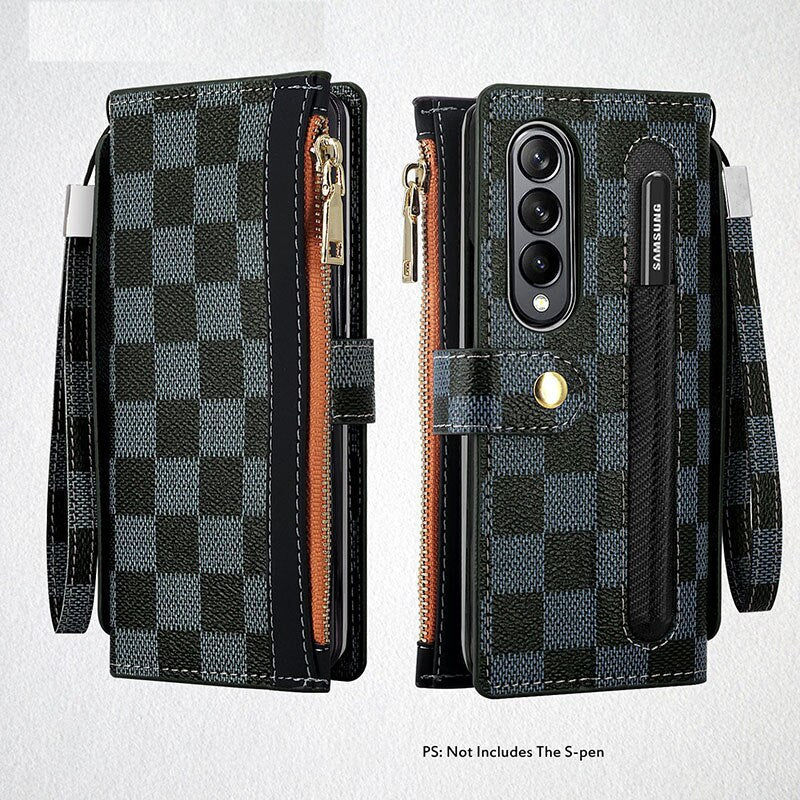 Luxury Leather Phone Case With Wrist Strap And Wristband,Cards And Cash Slot,Zipper Slot,Screen Protector,Kickstand,Stylus And Pen Slot For Galaxy Z Fold5/Z Fold4