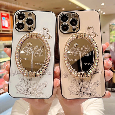 Pearl Mirror Flower Bracket Case for iPhone 14 / 13 - theroxymob