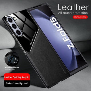 Leather Back Cover Soft Silicone Edge Shockproof Car Magnetic Holder For Samung Galaxy Z Fold 5