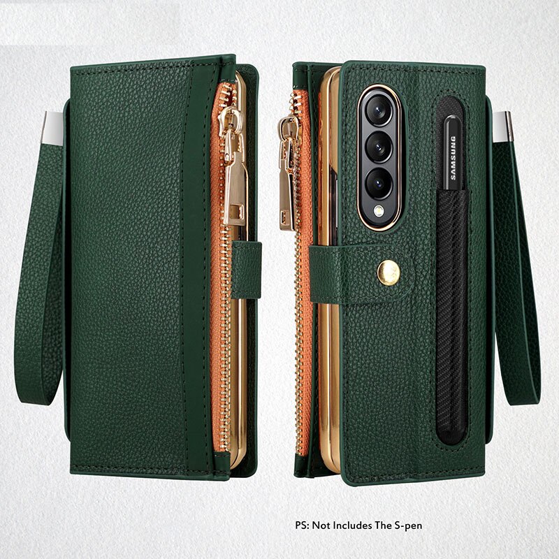 Luxury Leather Phone Case With Wrist Strap And Wristband,Cards And Cash Slot,Zipper Slot,Screen Protector,Kickstand,Stylus And Pen Slot For Galaxy Z Fold5/Z Fold4