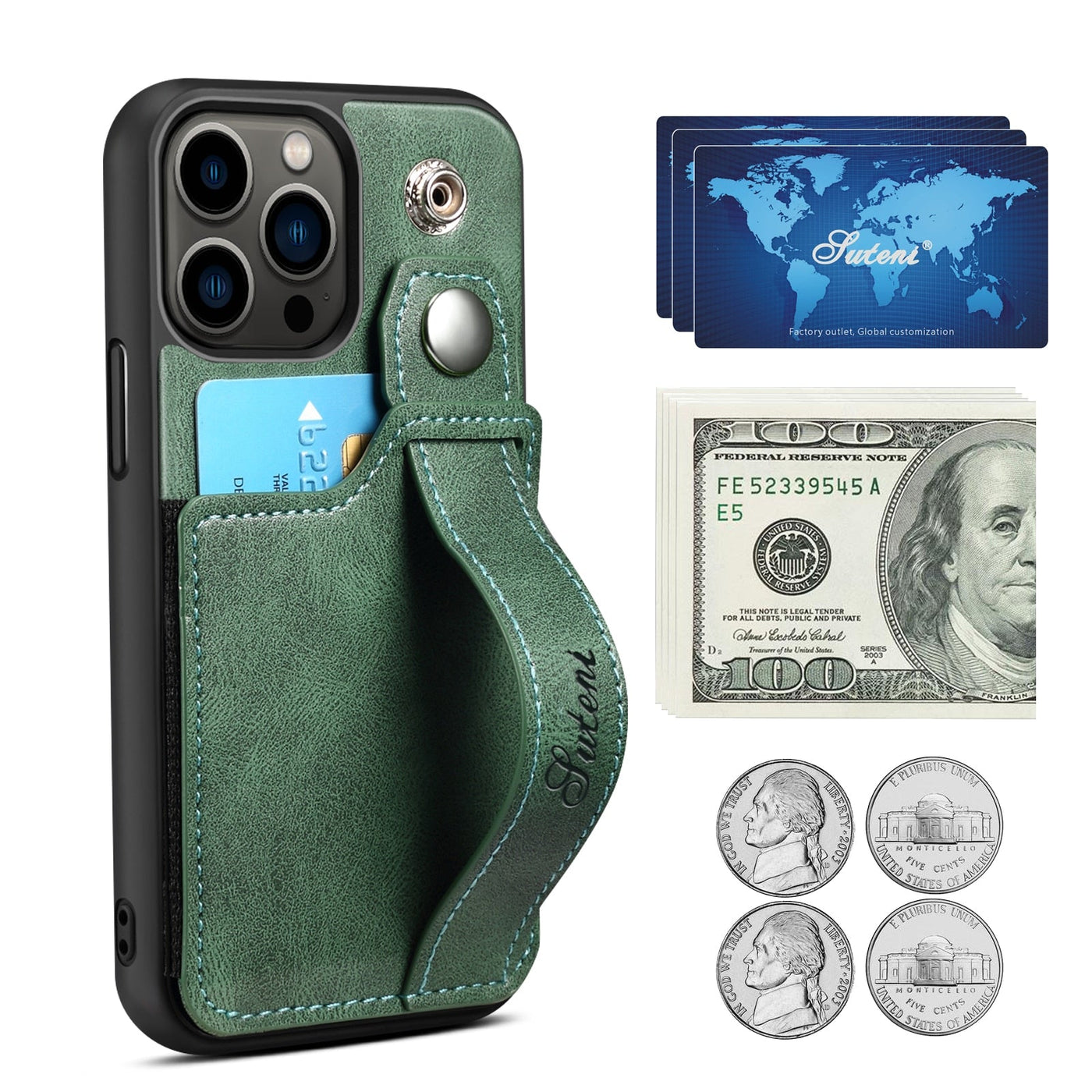 PU Leather Wallet Flip Case with Wrist Strap for iPhone 14 series - theroxymob