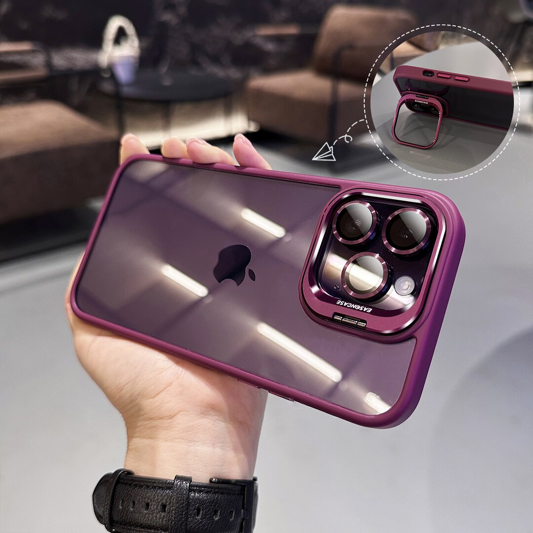 Luxury Invisible Folding Holder Camera  Case For iPhone 14/13 Transparent Metal Bracket Cover