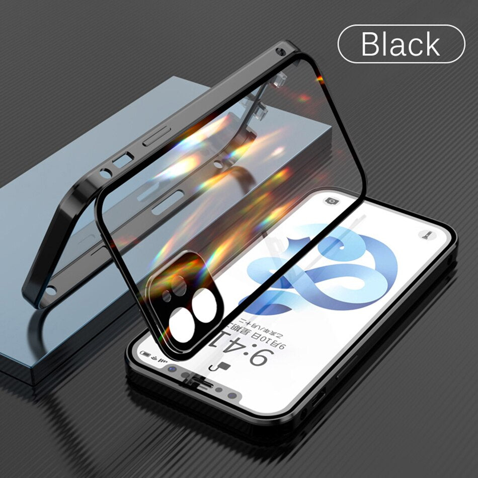 Magnetic Metal Adsorption Case For iPhone 14 Double-sided Glass Lens Protection Snap On Cover - theroxymob