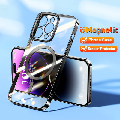 Magnetic Plating Case For iPhone 14 New Protective Phone Case Transparent Shockproof Magnet Back Cover - theroxymob