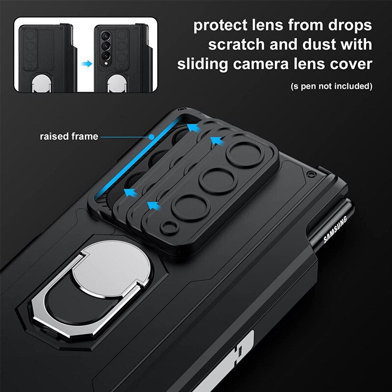 Luxury Case With S Pen Holder and Hinge Screen Protector Ring Stand Case For Samsung Galaxy Z Fold 5 Z Fold 4