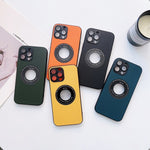 Luxury Leather Logo Hole Case for iPhone 14/13 /12 Glass Camera Film Protection Soft Shockproof Cover - theroxymob