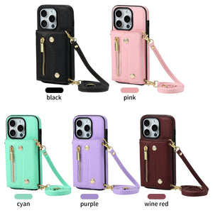 Luxury Leather Card Holder Case With Detachable Lanyard For iPhone 15 14 13 series