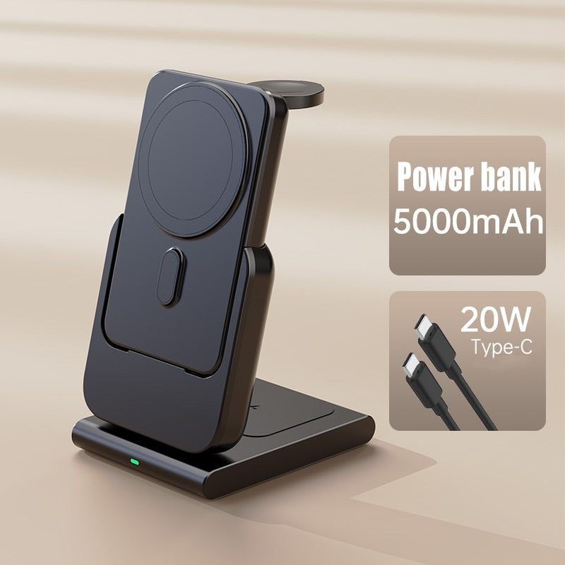 MacSafe 3 in 1 Magnetic Power Bank Wireless Charging Station 5000mAh External Auxiliary Battery For iPhone 14/13/12 Apple Watch