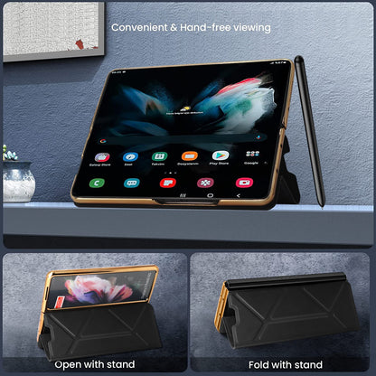 For Samsung Galaxy Z Fold 4 Case Luxury Texture Leather With Pen Holder Slot Screen Protector Shockproof Folding Cover - theroxymob