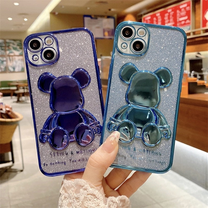 Plating Glitter Bear Phone Case For iPhone 14 13 12 - theroxymob