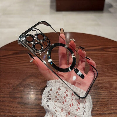 Luxury Plating Frameless Transparent Phone Case For iPhone 14 /13 /12 Magnetic Wireless Charging Glass Lens Cover