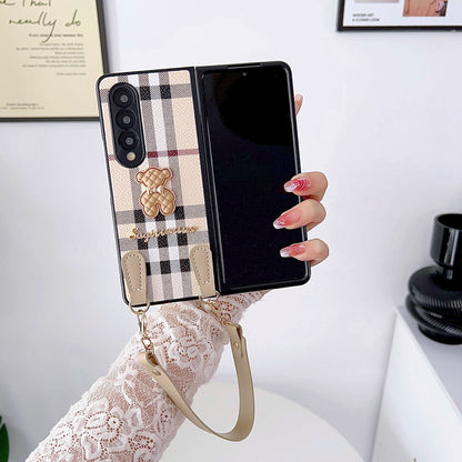 Case With Wrist Strap PC Hard Shell Leather Luxury Bear  Case For Samsung Galaxy Z Fold5 Z Fold4