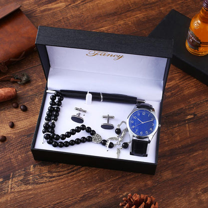 4pes/Set New Men's Gift Set Beautifully Packaged Watch Rosary Cufflinks Pen Simple Large Dial Casual Combination Wrist Watches - theroxymob