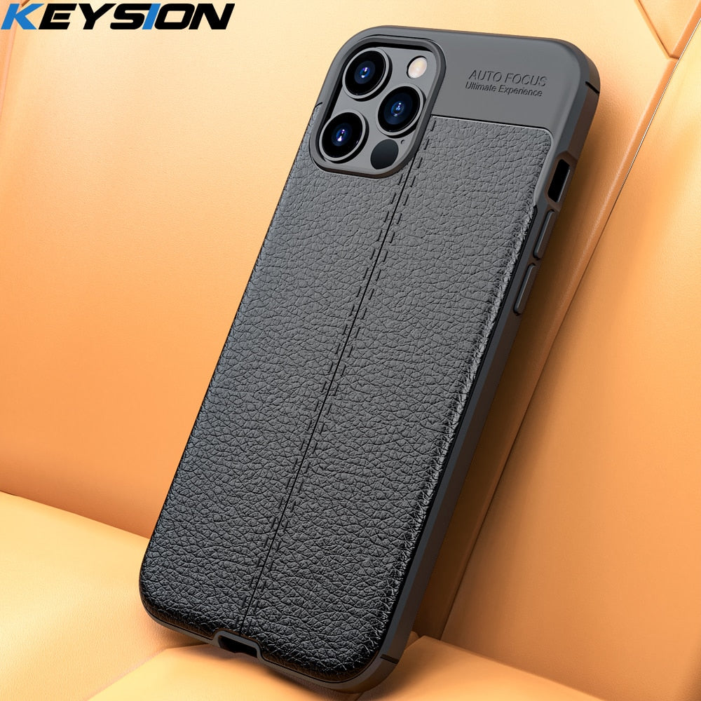 Phone Case Litchi leather texture TPU silicone Shockproof Black Cover for iPhone 12 series - theroxymob