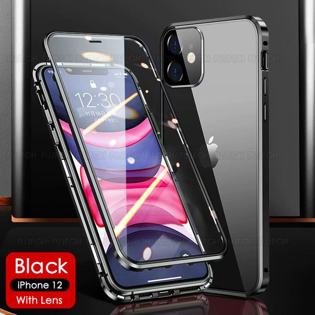 360 Magnetic Metal Case Double Sided Glass Cover For iPhone 12 Series - theroxymob