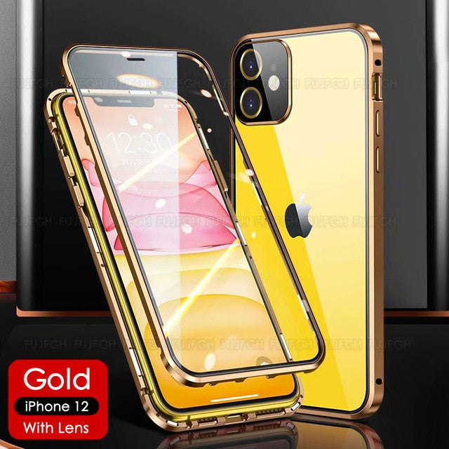 360 Magnetic Metal Case Double Sided Glass Cover For iPhone 12 Series - theroxymob