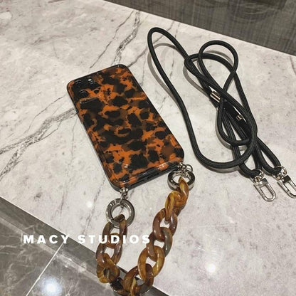 Amber Leopard Crossbody Lanyard Marble chain silicone case for iphone 12 Serie - theroxymob