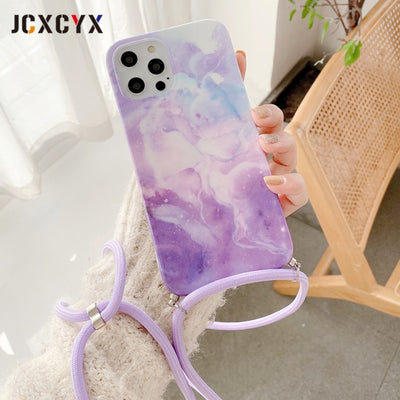 Classic Marble Granite crossbody lanyard soft phone case for iphone 12 series - theroxymob